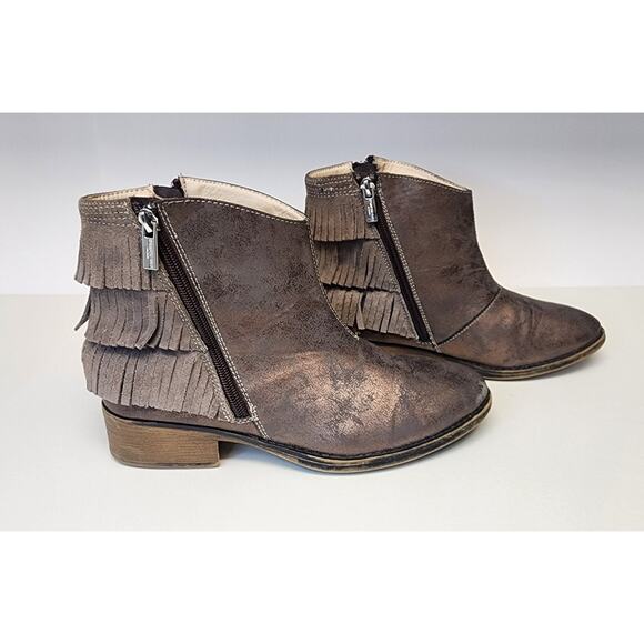 Kenneth Cole Downtown Girl Bronze Synthetic & Leather Fringe Ankle Boots 5 - Picture 3 of 10